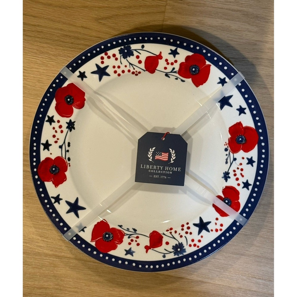 Liberty Home Red Poppies And Blue Stars 10" Dinner Plates Set Of 4 ~ New
